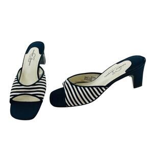 Chinese Laundry Joyfull Navy Blue White Striped Fabric Square Toe Slide Heel 8.5
